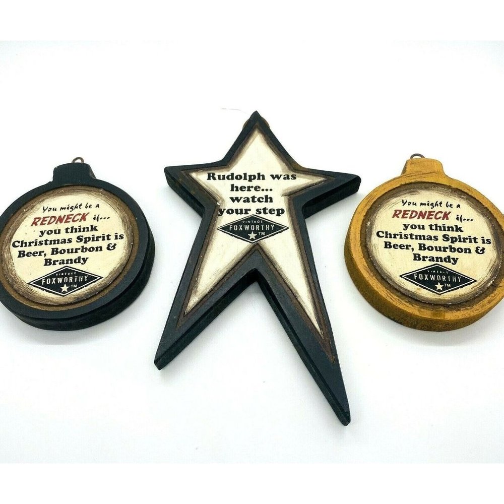 Vintage Jeff Foxworthy Redneck Wood Ornaments Set of 3 Hanging Christmas Mancave